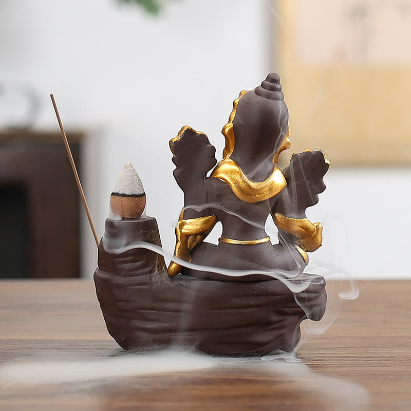 Buddha Stones Ganesh Elephant Purple Clay Backflow Smoke Fountain Protection Stick Incense Burner
