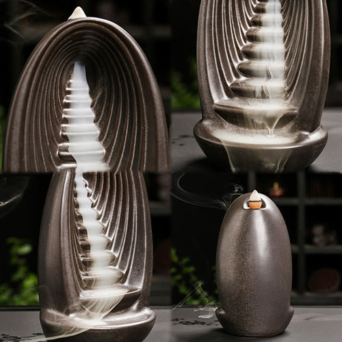 Buddha Stones Stairs Mountains Water Buddha Hand Ceramic Backflow Smoke Fountain Meditation Incense Burner Decoration