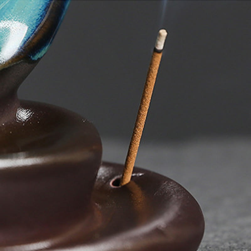 Buddha Stones Blue Crescent Moon Ceramic Backflow Smoke Fountain Meditation Candlestick Incense Burner Decoration