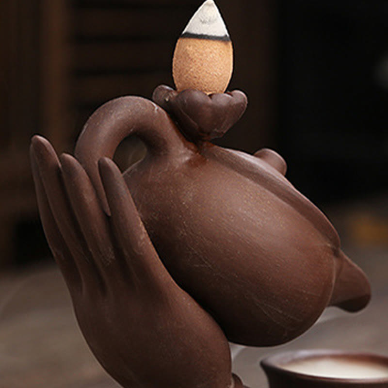 Buddha Stones Buddha Hand Holding Teapot Cup Ceramic Backflow Smoke Fountain Healing Incense Burner Decoration