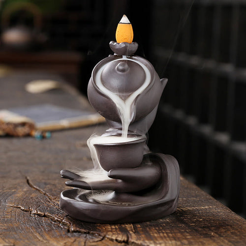 Buddha Stones Buddha Hand Holding Teapot Cup Ceramic Backflow Smoke Fountain Healing Incense Burner Decoration