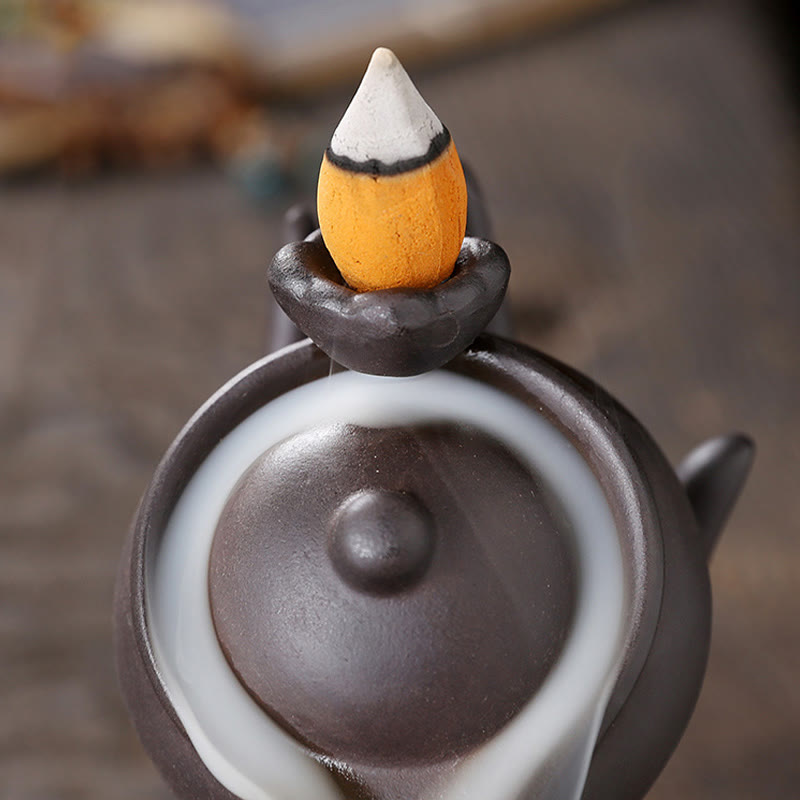 Buddha Stones Buddha Hand Holding Teapot Cup Ceramic Backflow Smoke Fountain Healing Incense Burner Decoration