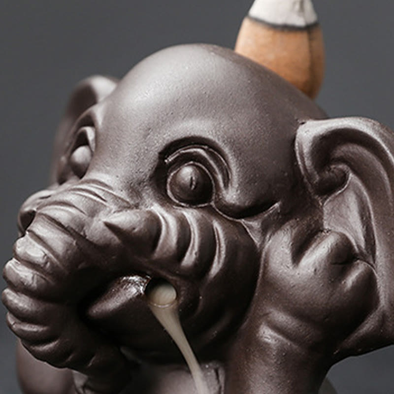 Buddha Stones Cute Elephant Purple Clay Backflow Smoke Fountain Peace Healing Incense Burner Decoration