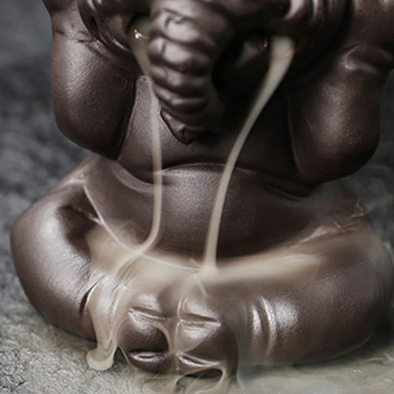 Buddha Stones Cute Elephant Purple Clay Backflow Smoke Fountain Peace Healing Incense Burner Decoration