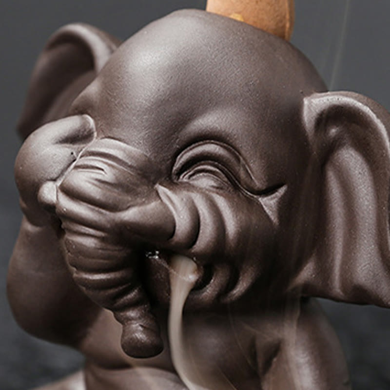 Buddha Stones Cute Elephant Purple Clay Backflow Smoke Fountain Peace Healing Incense Burner Decoration