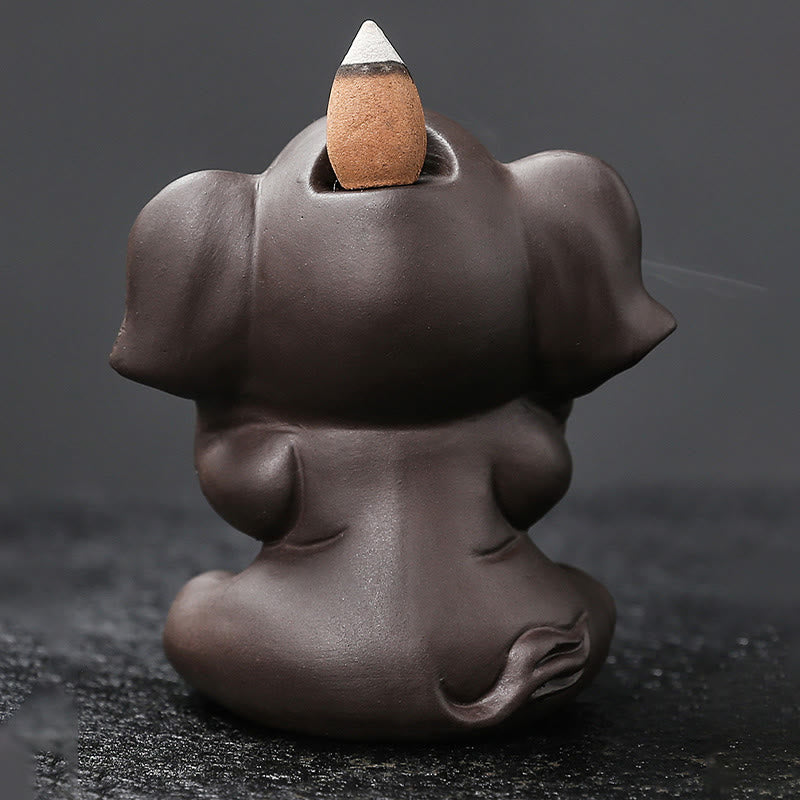 Buddha Stones Cute Elephant Purple Clay Backflow Smoke Fountain Peace Healing Incense Burner Decoration
