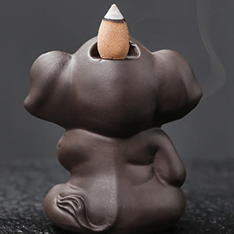 Buddha Stones Cute Elephant Purple Clay Backflow Smoke Fountain Peace Healing Incense Burner Decoration