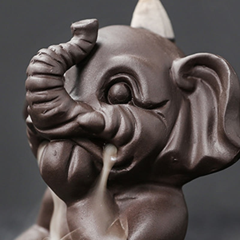 Buddha Stones Cute Elephant Purple Clay Backflow Smoke Fountain Peace Healing Incense Burner Decoration