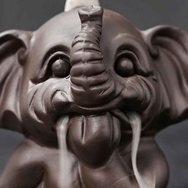 Buddha Stones Cute Elephant Purple Clay Backflow Smoke Fountain Peace Healing Incense Burner Decoration