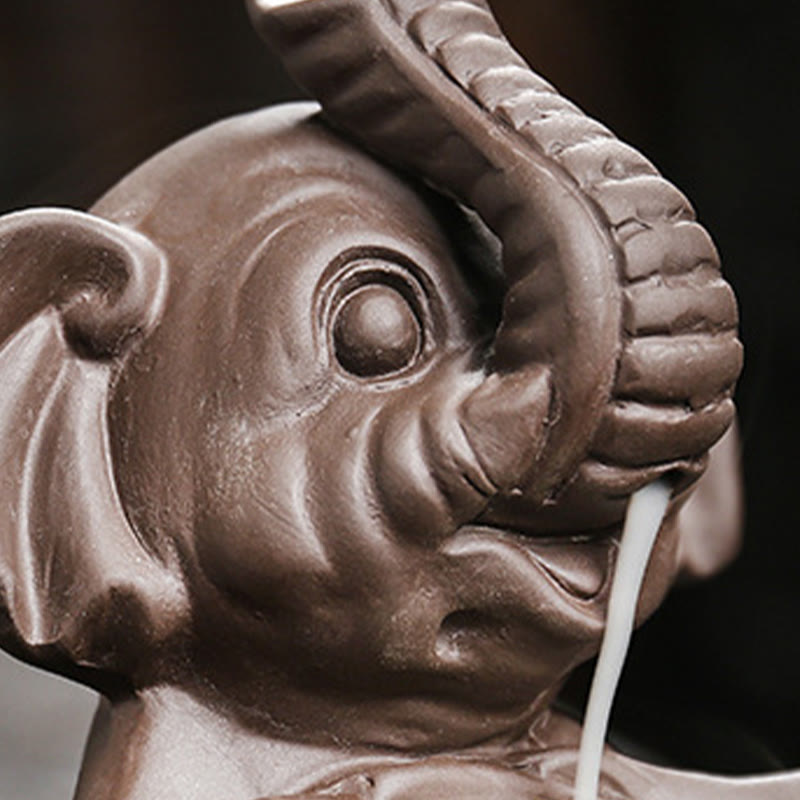 Buddha Stones Little Elephant Holding Leaf Purple Clay Backflow Smoke Fountain Healing Incense Burner Decoration