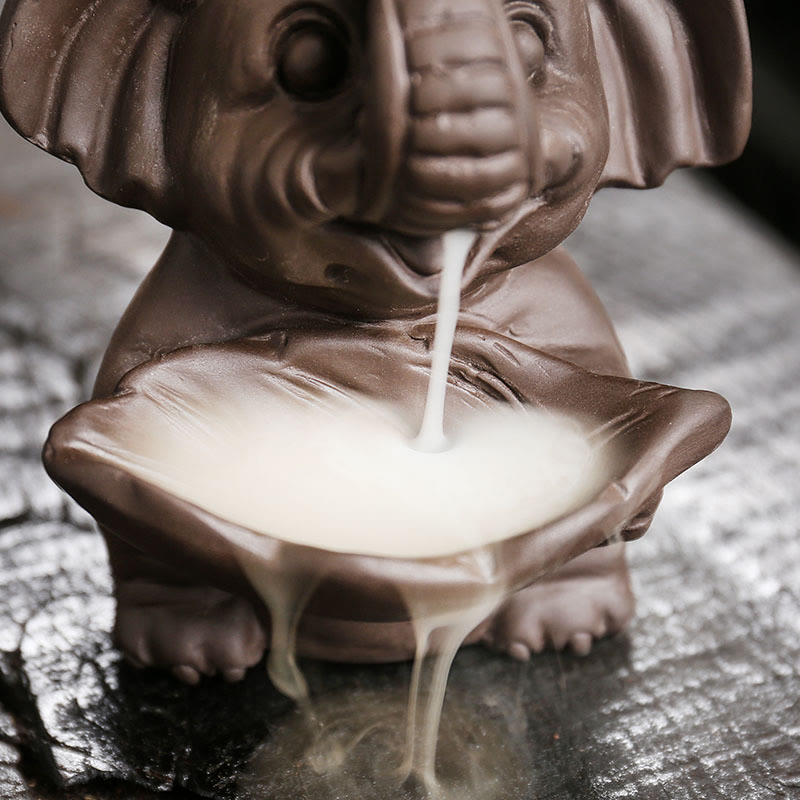 Buddha Stones Little Elephant Holding Leaf Purple Clay Backflow Smoke Fountain Healing Incense Burner Decoration