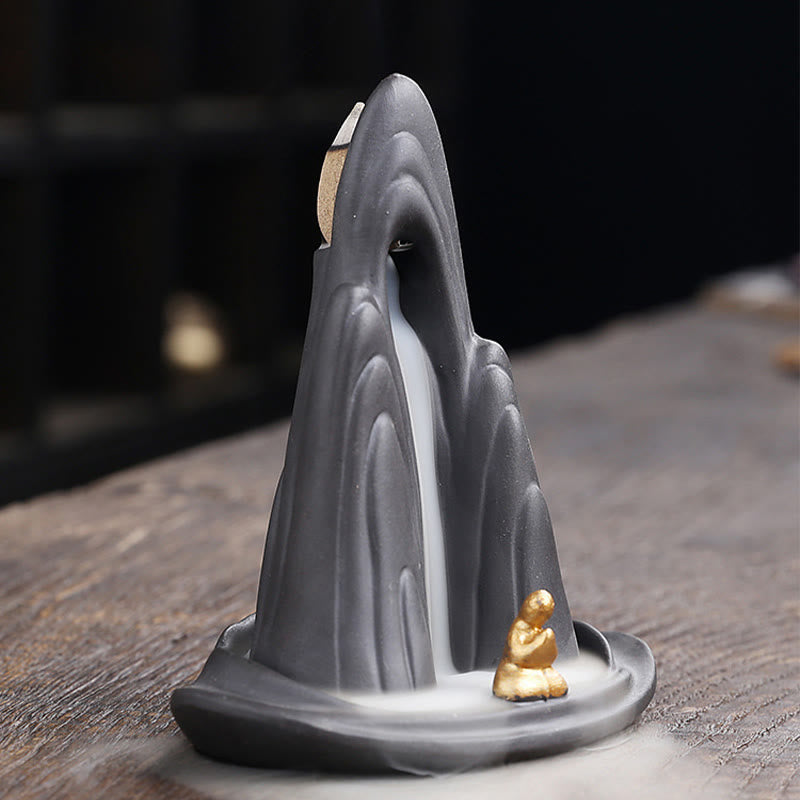 Buddha Stones Little Monk Mountains Flowing Water Purple Clay Ceramic Healing Backflow Incense Burner Decoration