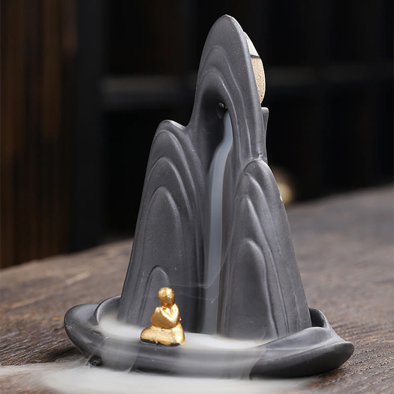 Buddha Stones Little Monk Mountains Flowing Water Purple Clay Ceramic Healing Backflow Incense Burner Decoration