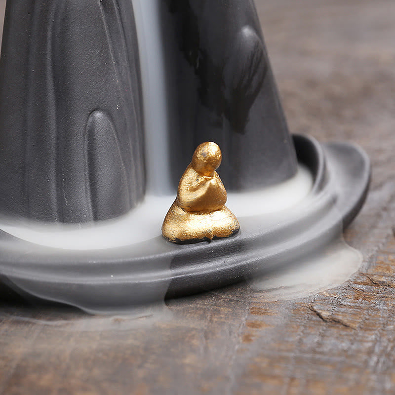 Buddha Stones Little Monk Mountains Flowing Water Purple Clay Ceramic Healing Backflow Incense Burner Decoration