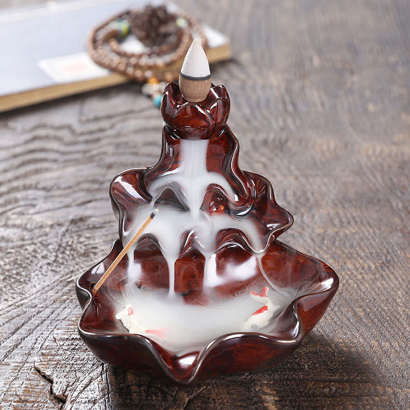 Buddha Stones Lotus Leaf Koi Fish Ceramic Backflow Smoke Fountain Peace Incense Burner Decoration