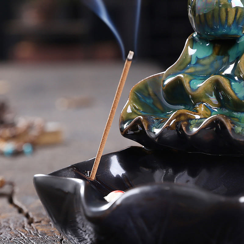 Buddha Stones Lotus Leaf Koi Fish Ceramic Backflow Smoke Fountain Peace Incense Burner Decoration