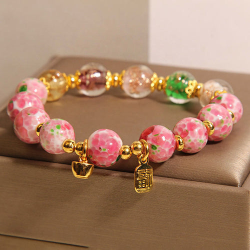 Buddha Stones Fu Character Pink Liuli Luck Bracelet