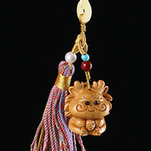 Buddha Stones Sandalwood 12 Chinese Zodiac Blessing Colorful Tassel Accessories Keychain