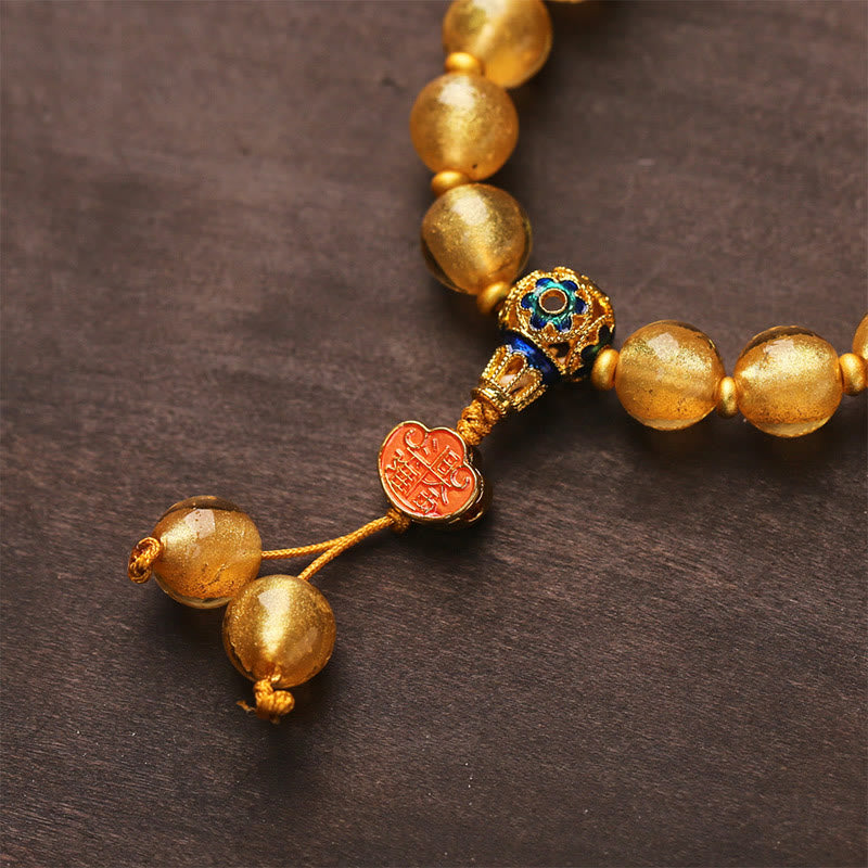 Buddha Stones Gold Foil Liuli Glass Bead Ruyi Golden Ingot Fortune Bracelet