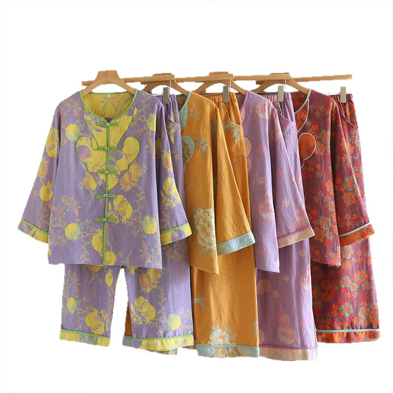 Buddha Stones 2pcs Frog-Button Printed Long Sleeve Cardigan Shirt Pants With Pockets Cotton Set