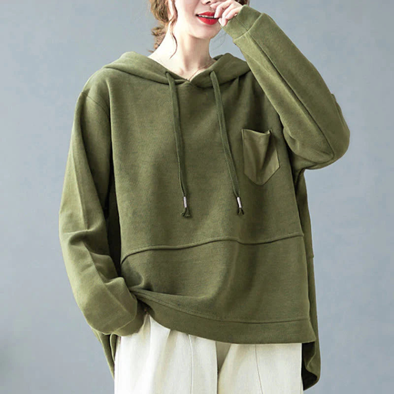 Buddha Stones Fall Solid Color Decorative Pocket Cotton Long Sleeve Women's Hoodie