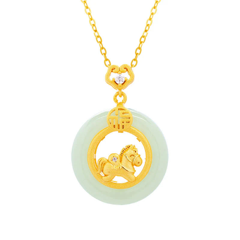 Buddha Stones 925 Sterling Silver Year Of The Horse Hetian Jade Peace Buckle Luck Necklace Pendant