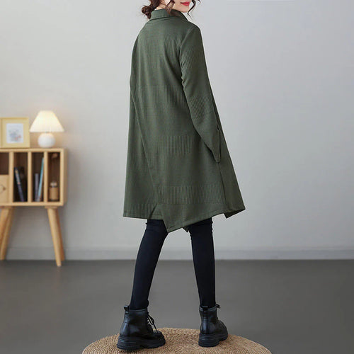 Buddha Stones Winter Irregular Hem Design Mock Neck Long Sleeve Midi Dress With Pockets