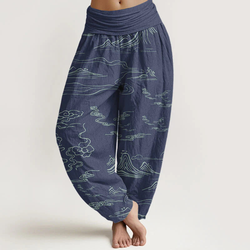 Buddha Stones Cotton Mountain Moon Auspicious Clouds Pattern Women's Elastic Waist Harem Pants