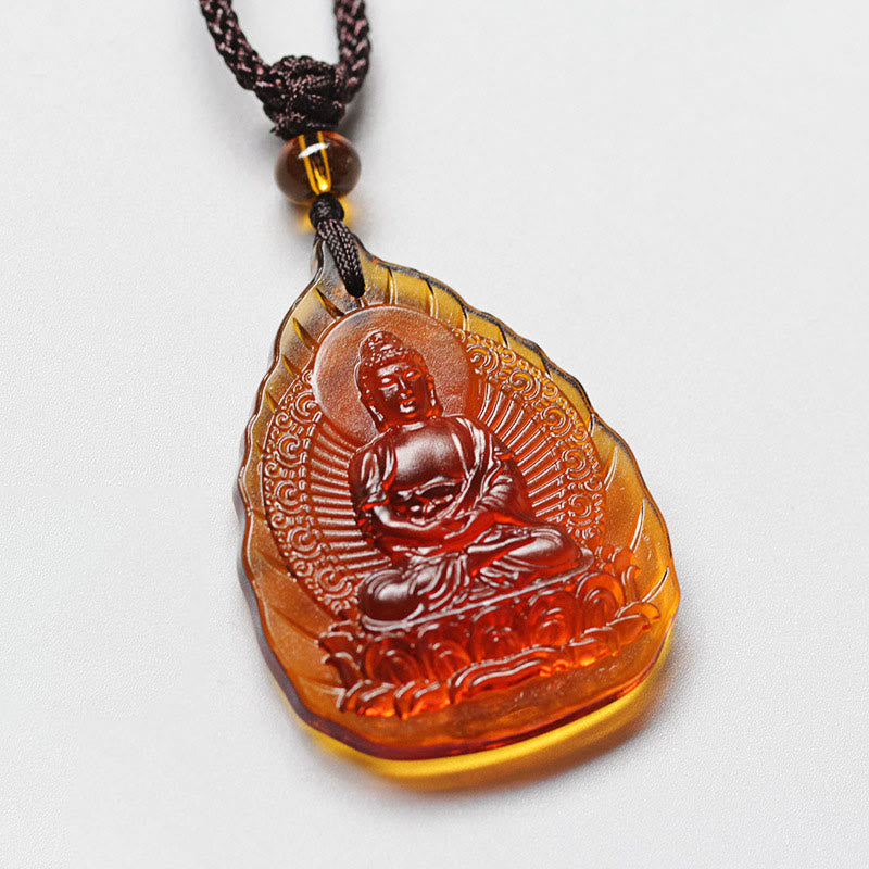 Buddha Stones Liuli Crystal Chinese Zodiac Natal Buddha Protection Leaf Shape Necklace Pendant