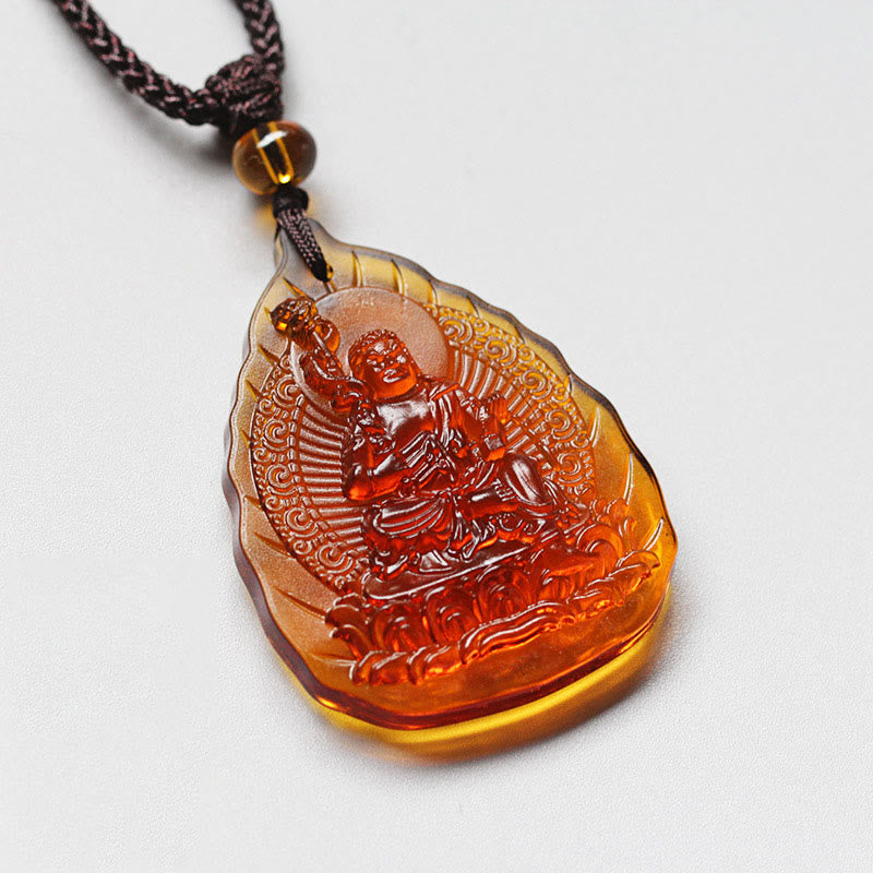 Buddha Stones Liuli Crystal Chinese Zodiac Natal Buddha Protection Leaf Shape Necklace Pendant