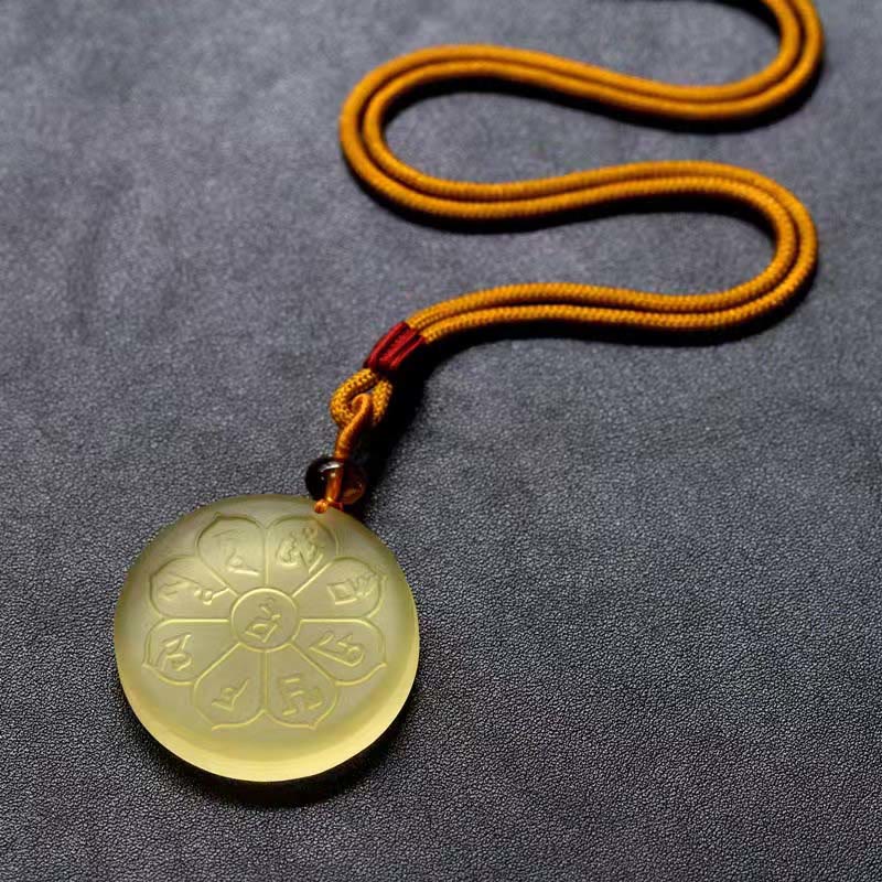 Buddha Stones Liuli Crystal Wealth God Mantra Abundance Eight-petal Shape Necklace Pendant