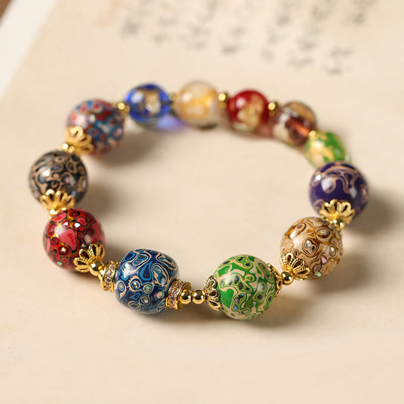 Buddha Stones Colorful Liuli Glass Sandalwood Gourd Bead Lacquer Craft Bracelet