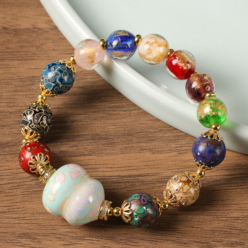 Buddha Stones Colorful Liuli Glass Sandalwood Gourd Bead Lacquer Craft Bracelet