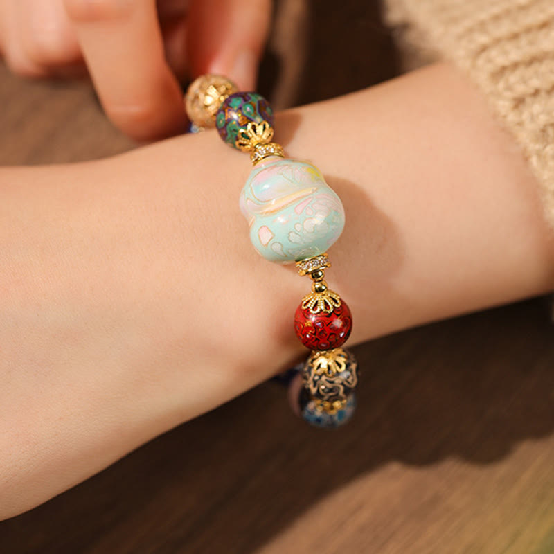 Buddha Stones Colorful Liuli Glass Sandalwood Gourd Bead Lacquer Craft Bracelet