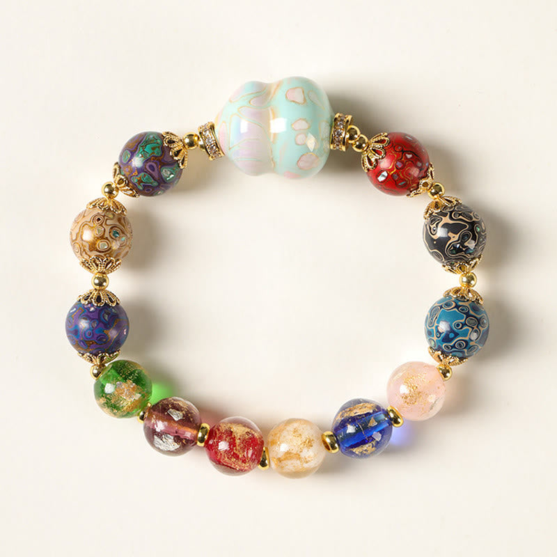 Buddha Stones Colorful Liuli Glass Sandalwood Gourd Bead Lacquer Craft Bracelet