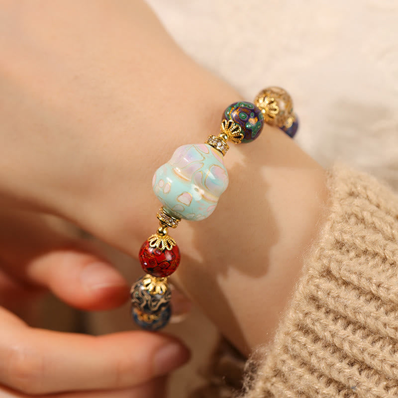 Buddha Stones Colorful Liuli Glass Sandalwood Gourd Bead Lacquer Craft Bracelet