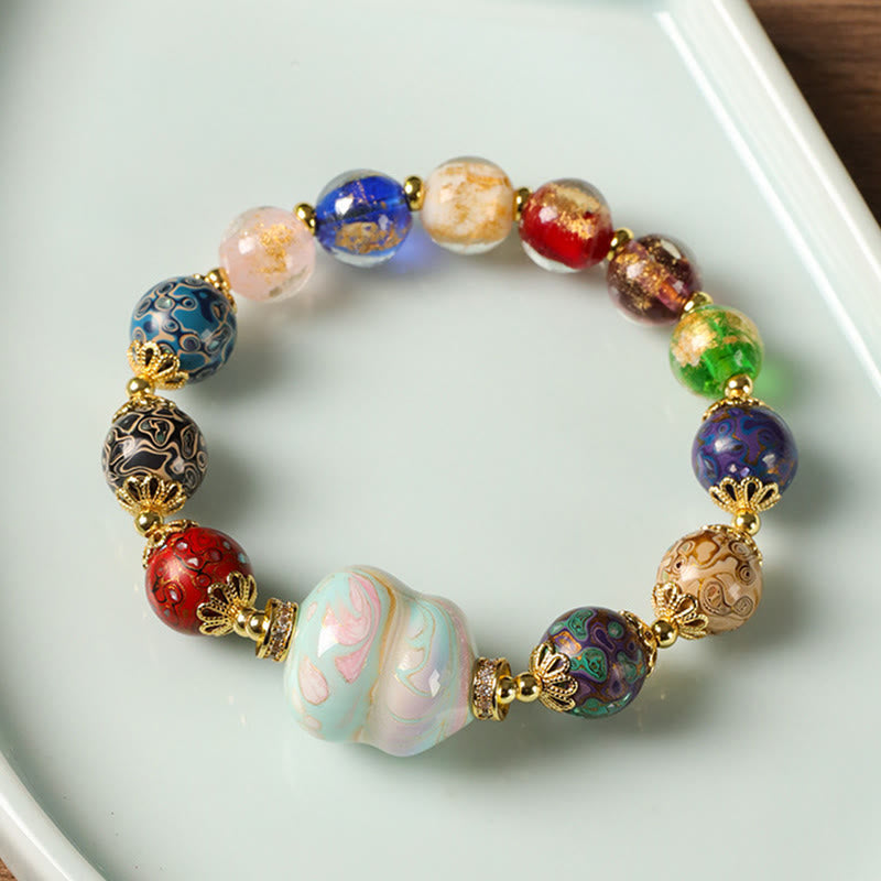Buddha Stones Colorful Liuli Glass Sandalwood Gourd Bead Lacquer Craft Bracelet