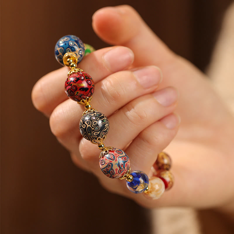 Buddha Stones Colorful Liuli Glass Sandalwood Gourd Bead Lacquer Craft Bracelet