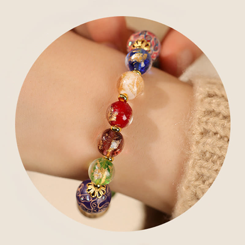 Buddha Stones Colorful Liuli Glass Sandalwood Gourd Bead Lacquer Craft Bracelet