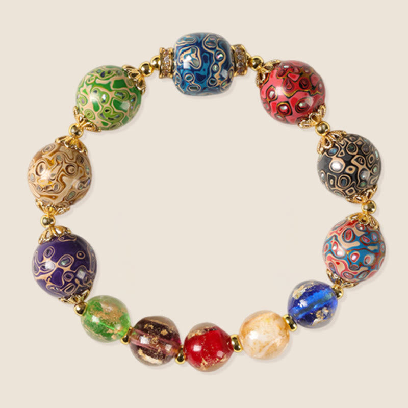 Buddha Stones Colorful Liuli Glass Sandalwood Gourd Bead Lacquer Craft Bracelet