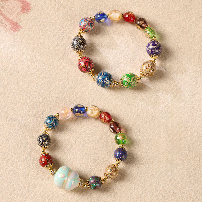 Buddha Stones Colorful Liuli Glass Sandalwood Gourd Bead Lacquer Craft Bracelet