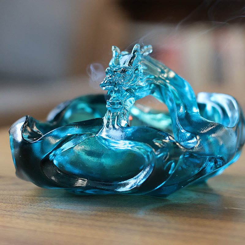 Buddha Stones Handmade Blue Dragon Liuli Crystal Art Piece Success Home Office Decoration
