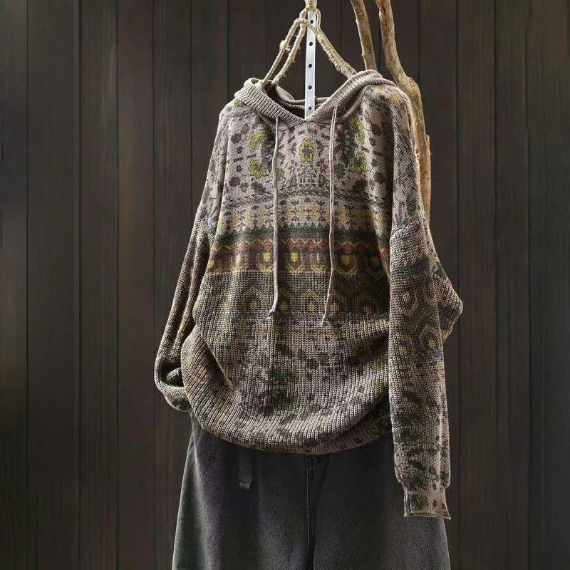 Buddha Stones Fall Striped Geometric Flowers Cotton Women's Long Sleeve Pullover Knitted Hoodie