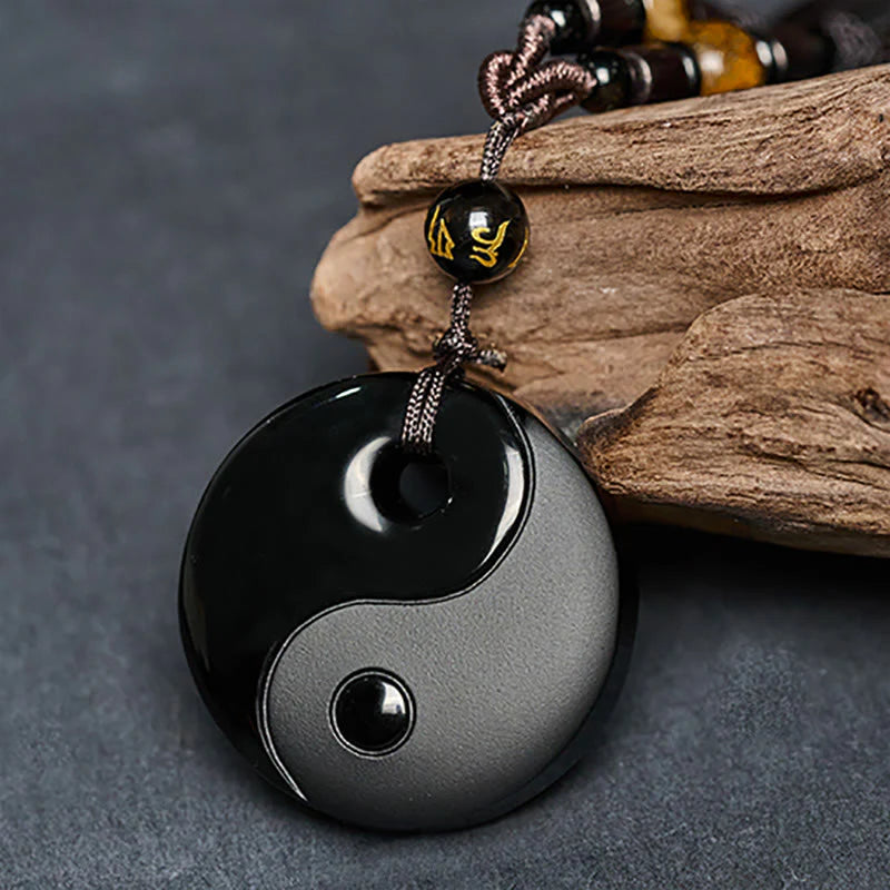 FREE Today: Transformation and Strength Yin Yang Symbol Om Mani Padme Hum Black Obsidian Necklace Pendant