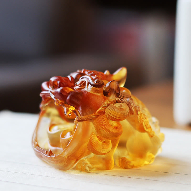 Buddha Stones Handmade Liuli Crystal Gold Swallowing PiXiu Art Piece Home Decoration