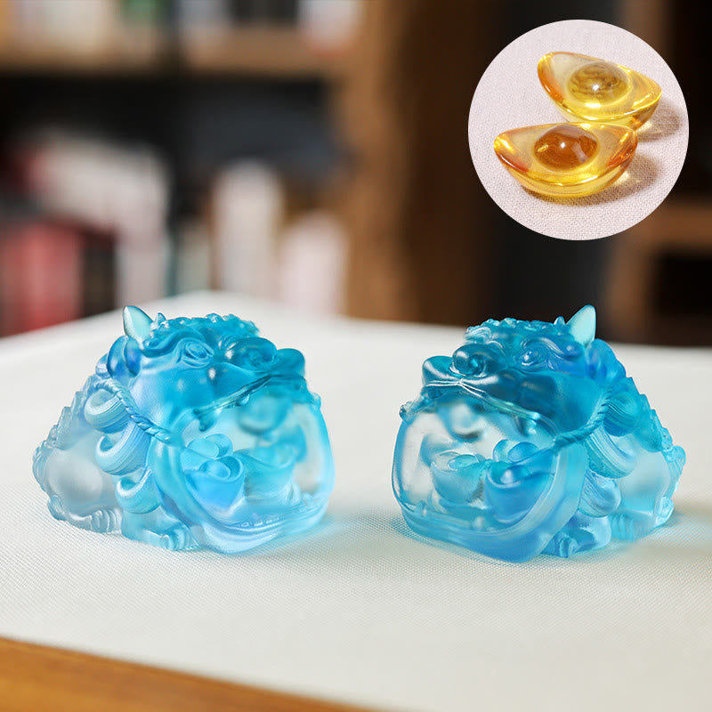 Buddha Stones Handmade Liuli Crystal Gold Swallowing PiXiu Art Piece Home Decoration