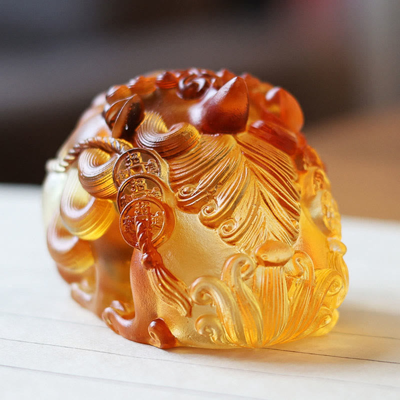 Buddha Stones Handmade Liuli Crystal Gold Swallowing PiXiu Art Piece Home Decoration