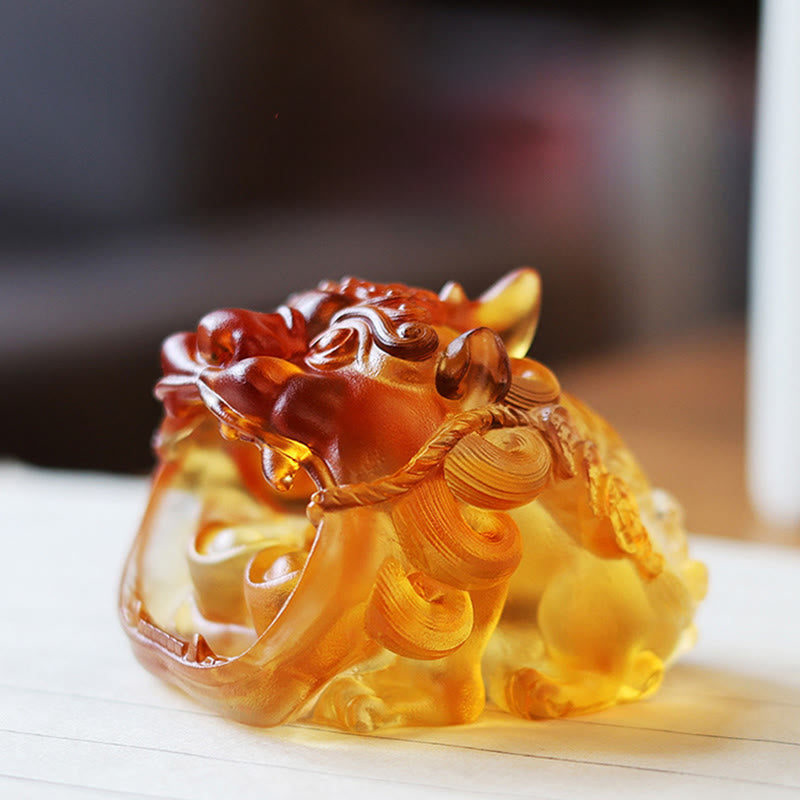 Buddha Stones Handmade Liuli Crystal Gold Swallowing PiXiu Art Piece Home Decoration