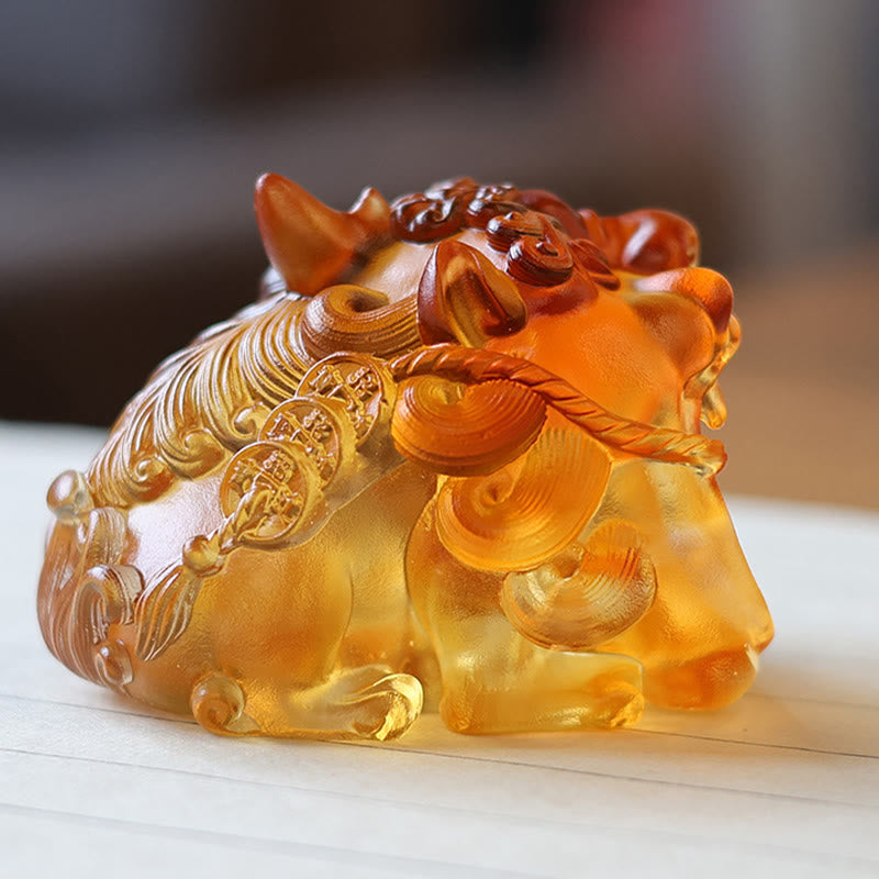 Buddha Stones Handmade Liuli Crystal Gold Swallowing PiXiu Art Piece Home Decoration