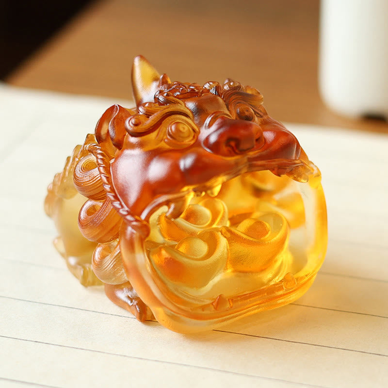 Buddha Stones Handmade Liuli Crystal Gold Swallowing PiXiu Art Piece Home Decoration